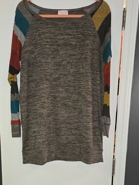 Pink Lily Gray Crewneck Top with Multicolor Striped Raglan Sleeves